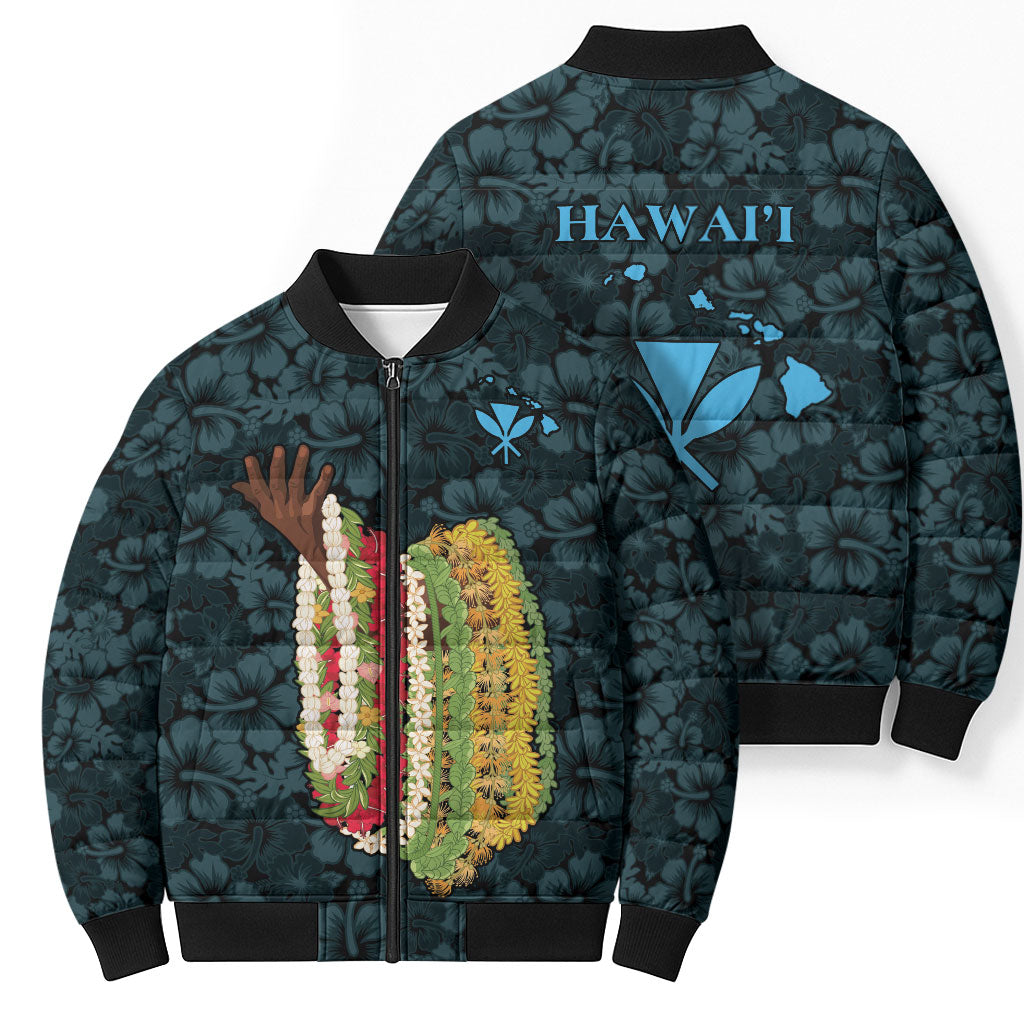 Hawaii Lei Kamehameha Bomber Puffer Jacket Uliuli Seamless Pattern Hibiscus Flower LT9 - Polynesian Pride