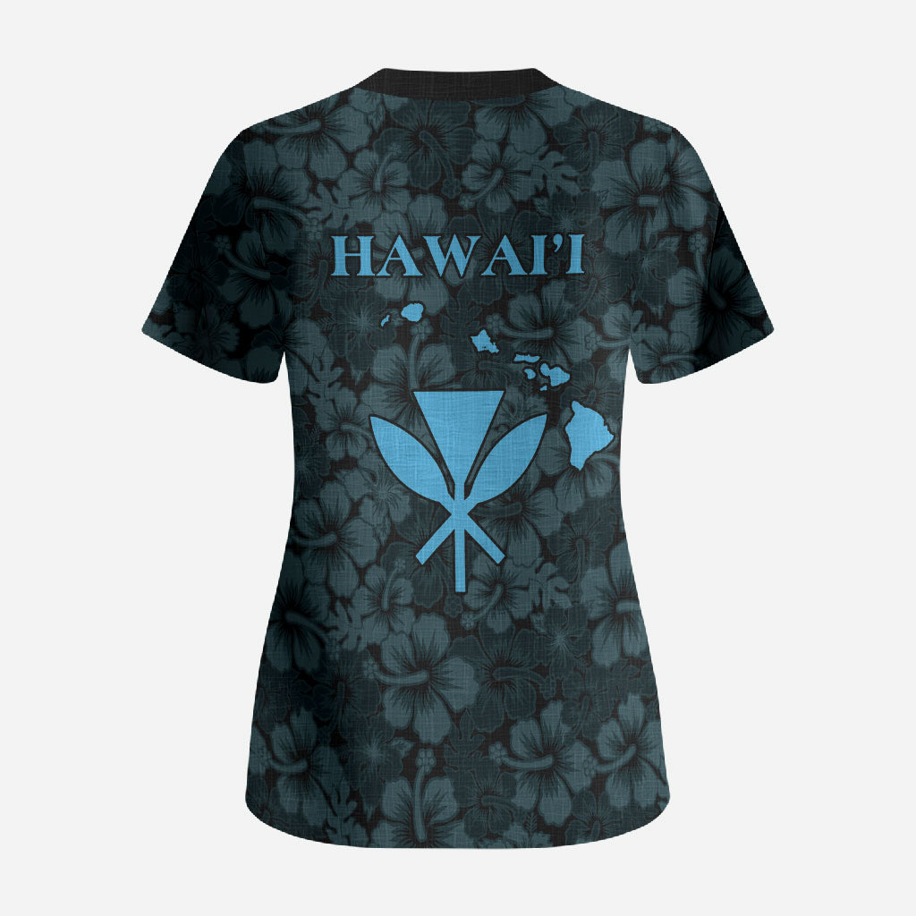 Hawaii Lei Kamehameha Scrub Top Uliuli Seamless Pattern Hibiscus Flower LT9 - Polynesian Pride