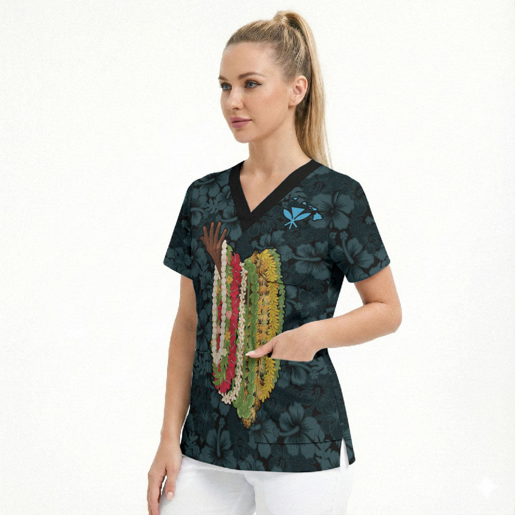Hawaii Lei Kamehameha Scrub Top Uliuli Seamless Pattern Hibiscus Flower LT9 - Polynesian Pride