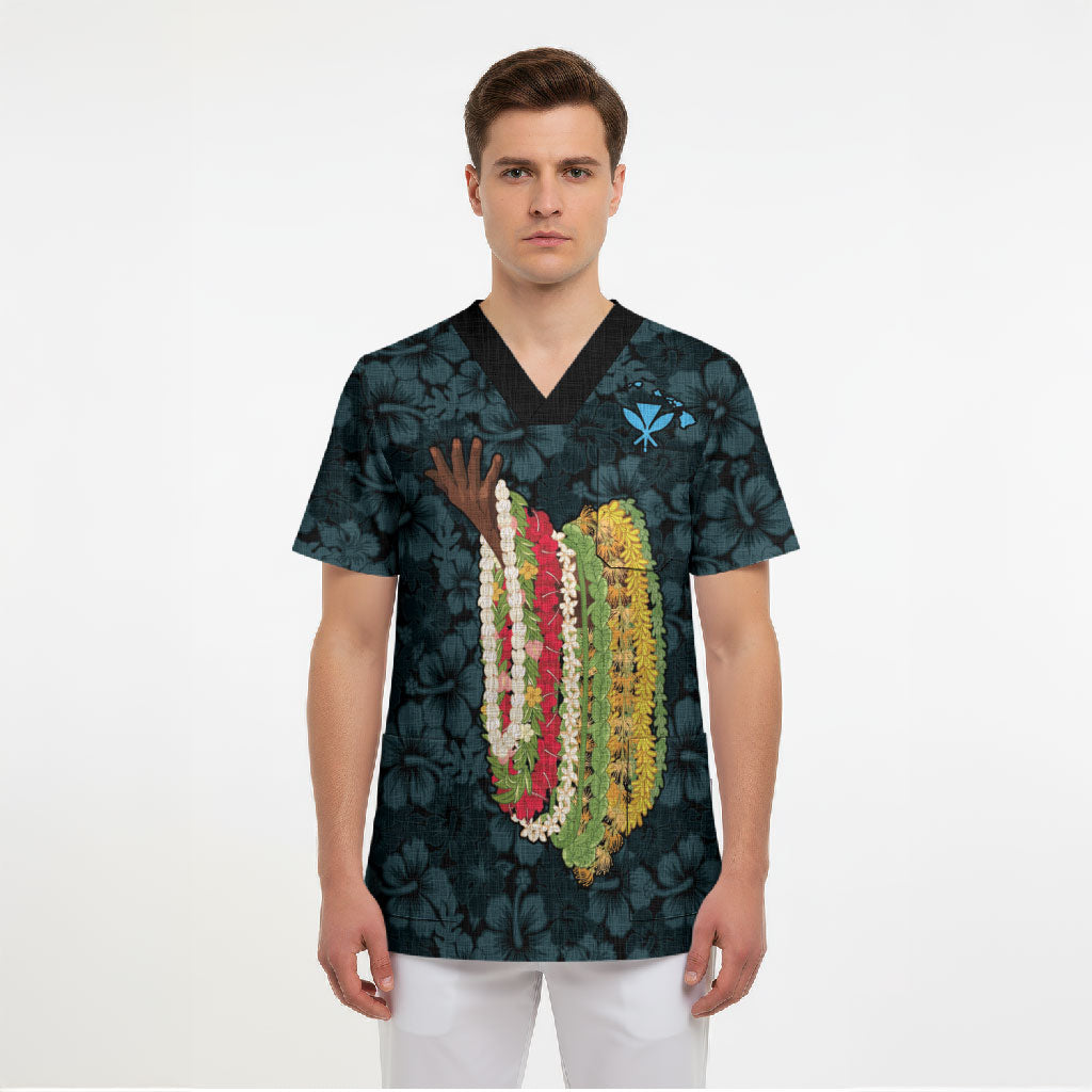 Hawaii Lei Kamehameha Scrub Top Uliuli Seamless Pattern Hibiscus Flower LT9 - Polynesian Pride