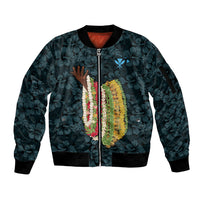Hawaii Lei Kamehameha Sleeve Zip Bomber Jacket Uliuli Seamless Pattern Hibiscus Flower LT9 Unisex Blue - Polynesian Pride