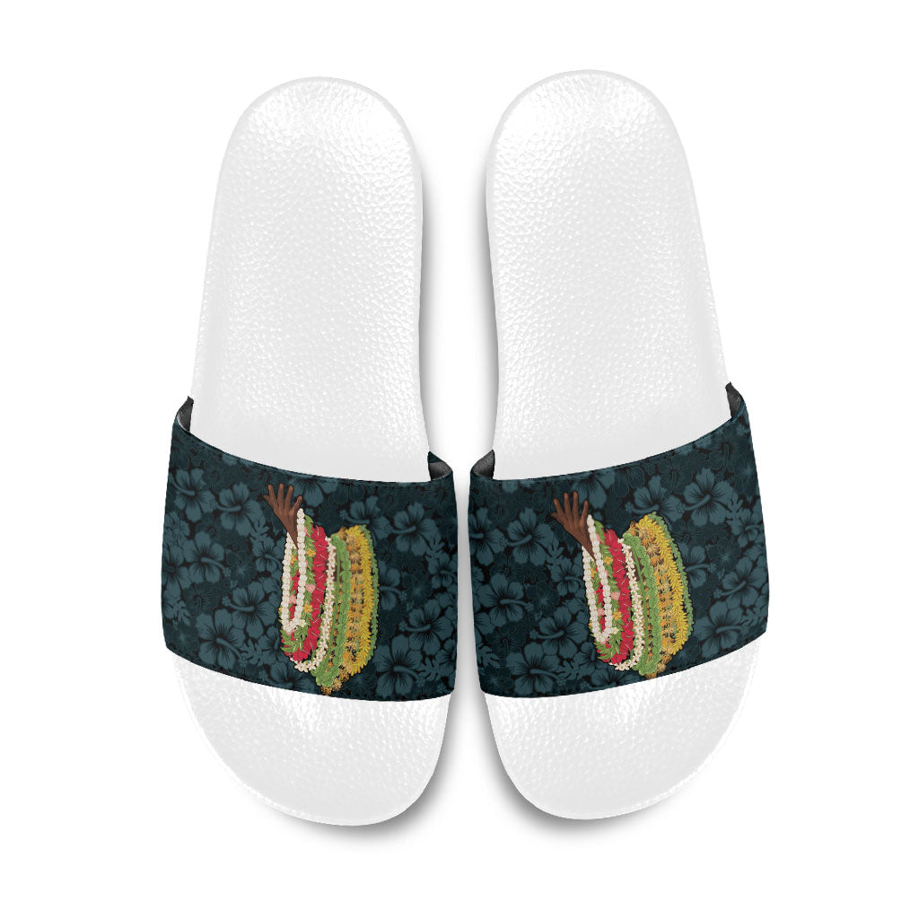 Hawaii Lei Kamehameha Slide Sandals Uliuli Seamless Pattern Hibiscus Flower LT9 Blue - Polynesian Pride