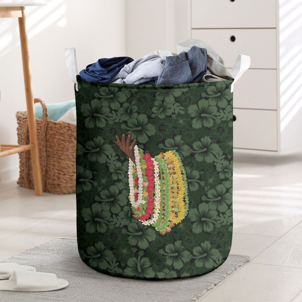 Hawaii Lei Kamehameha Laundry Basket Oma'oma'o Seamless Pattern Hibiscus Flower LT9 Green - Polynesian Pride