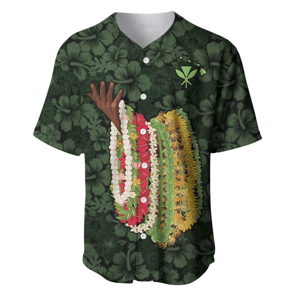 Hawaii Lei Kamehameha Baseball Jersey Oma'oma'o Seamless Pattern Hibiscus Flower LT9 Green - Polynesian Pride