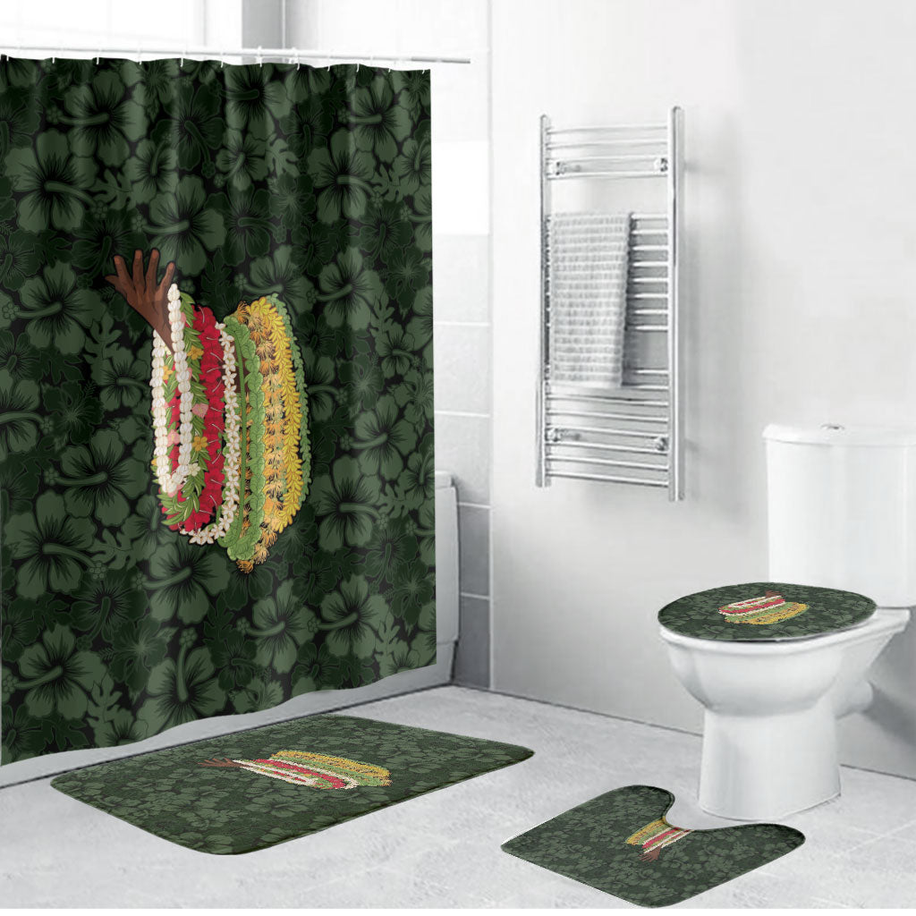Hawaii Lei Kamehameha Bathroom Set Oma'oma'o Seamless Pattern Hibiscus Flower LT9 Bathroom Set (4 pcs) Green - Polynesian Pride