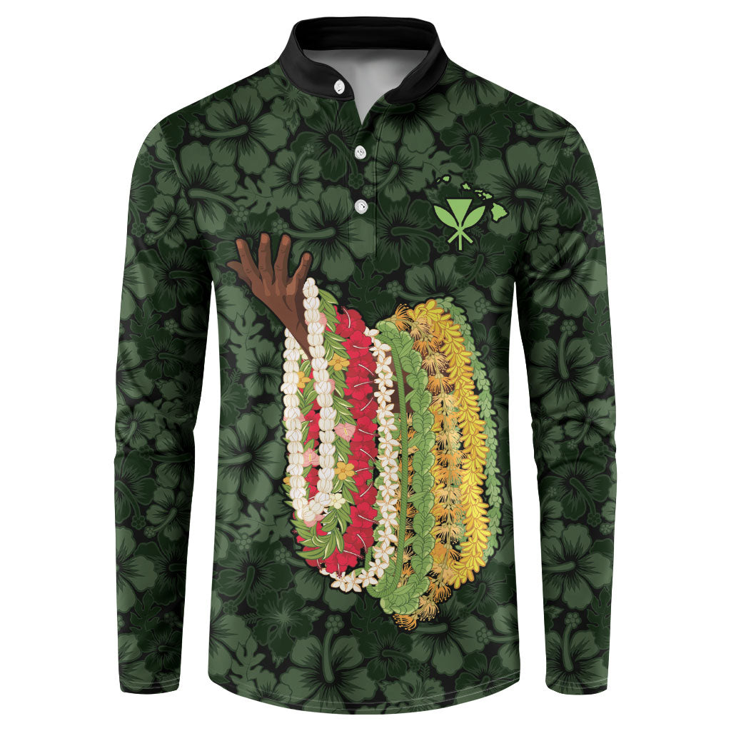 Hawaii Lei Kamehameha Button Sweatshirt Oma'oma'o Seamless Pattern Hibiscus Flower LT9 Green - Polynesian Pride