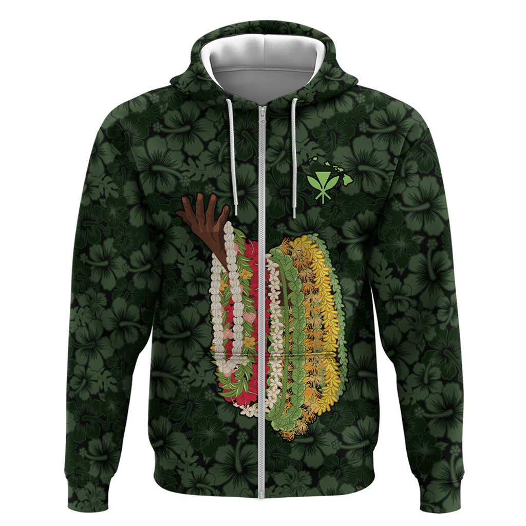 Hawaii Lei Kamehameha Hoodie Oma'oma'o Seamless Pattern Hibiscus Flower LT9 Zip Hoodie Green - Polynesian Pride