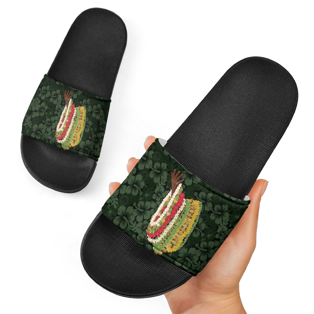 Hawaii Lei Kamehameha Slide Sandals Oma'oma'o Seamless Pattern Hibiscus Flower LT9 - Polynesian Pride