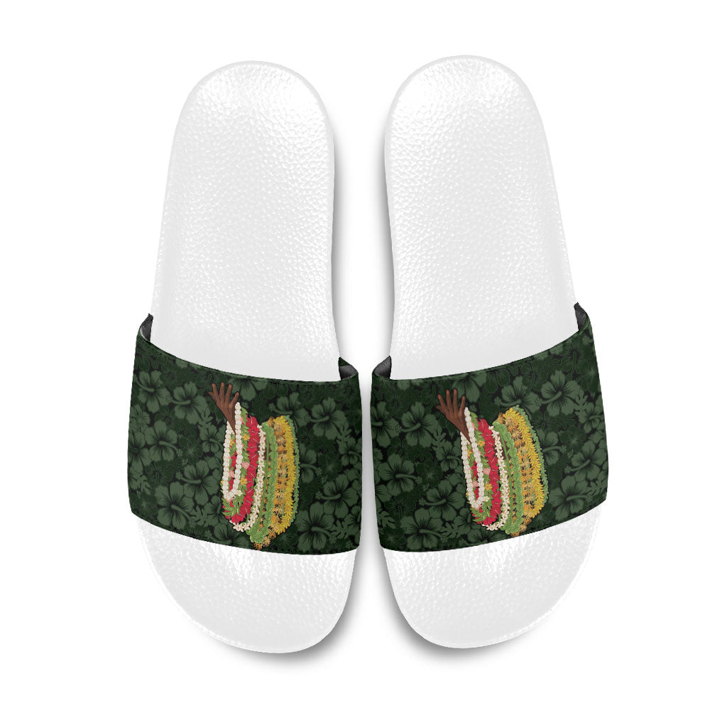 Hawaii Lei Kamehameha Slide Sandals Oma'oma'o Seamless Pattern Hibiscus Flower LT9 Green - Polynesian Pride