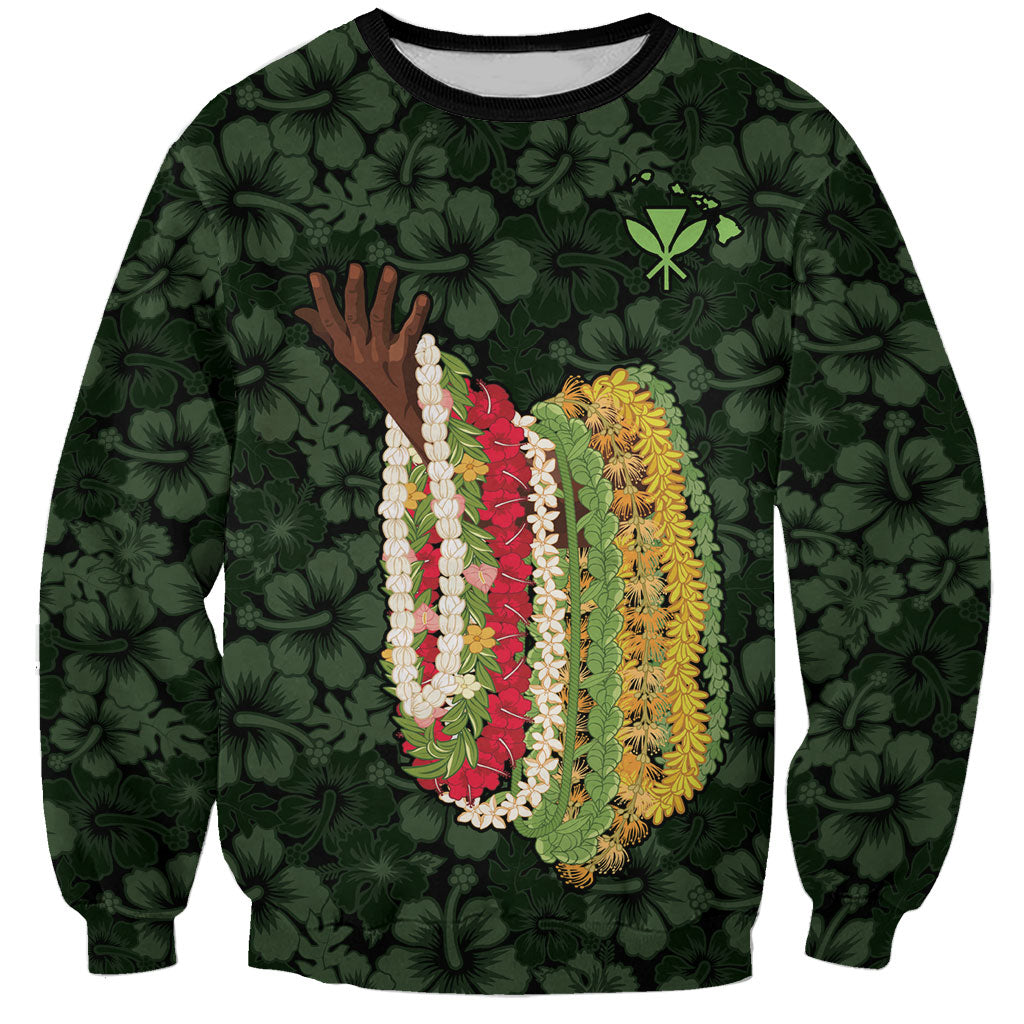 Hawaii Lei Kamehameha Sweatshirt Oma'oma'o Seamless Pattern Hibiscus Flower LT9 Unisex Green - Polynesian Pride