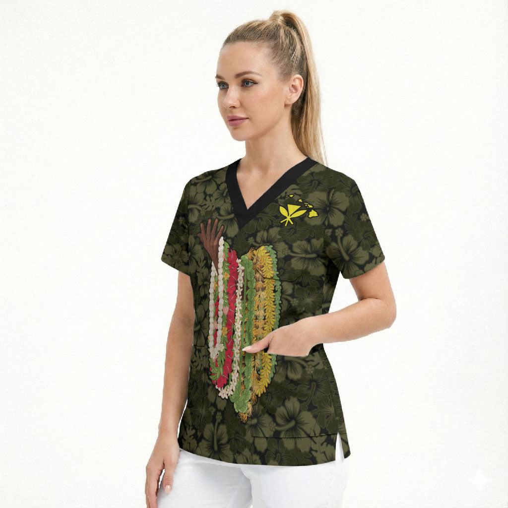 Hawaii Lei Kamehameha Scrub Top Melemele Seamless Pattern Hibiscus Flower LT9 - Polynesian Pride