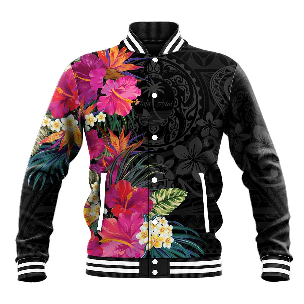 Hafa Adai Guam Baseball Jacket Tropical Flowers Colorful Vibes LT9 Unisex Black - Polynesian Pride