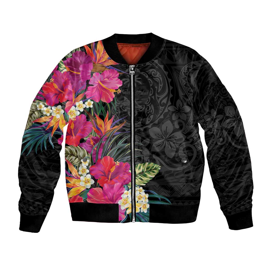 Hafa Adai Guam Bomber Jacket Tropical Flowers Colorful Vibes LT9 Unisex Black - Polynesian Pride