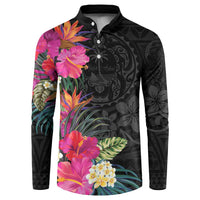 Hafa Adai Guam Button Sweatshirt Tropical Flowers Colorful Vibes LT9 Black - Polynesian Pride
