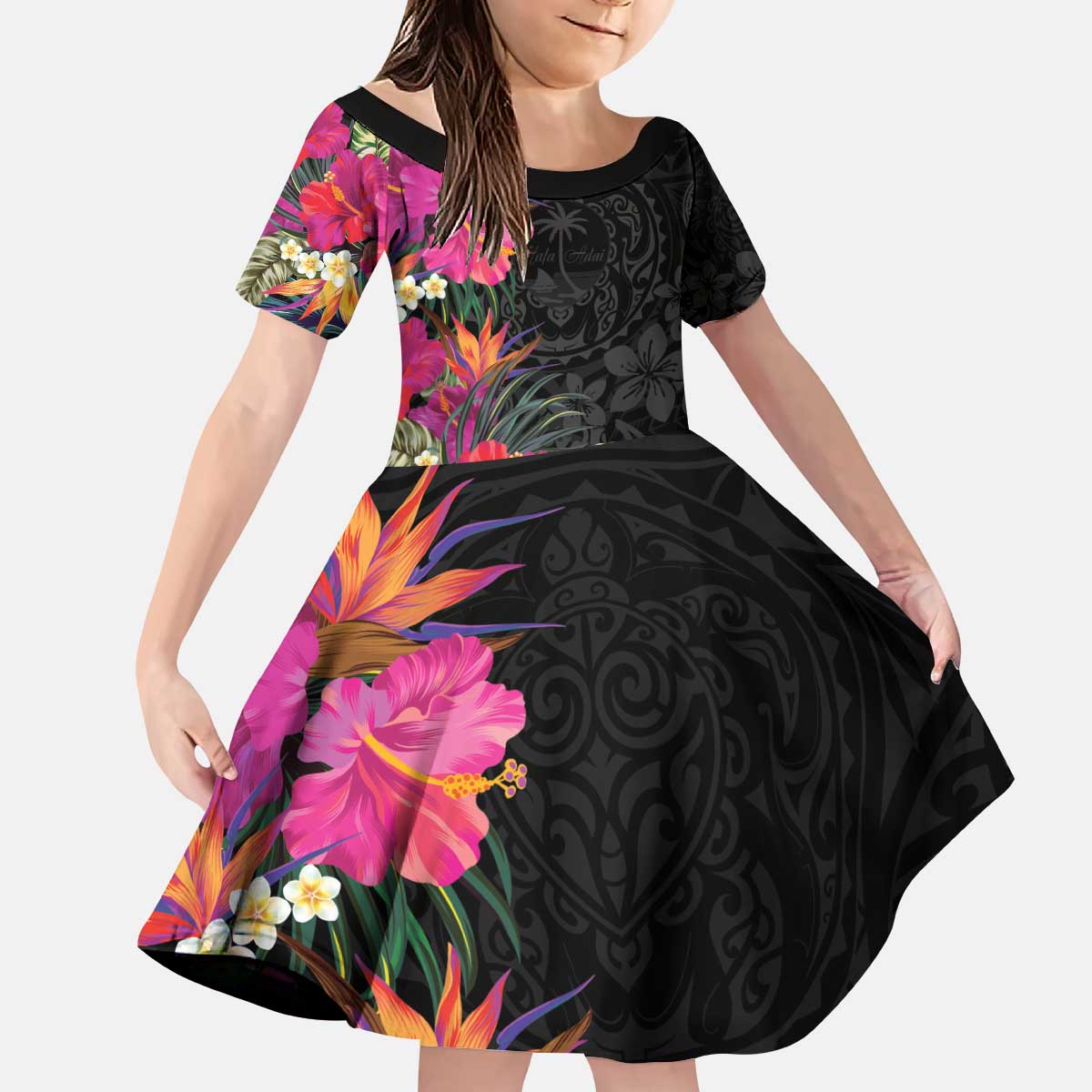 Hafa Adai Guam Kid Short Sleeve Dress Tropical Flowers Colorful Vibes LT9 KID Black - Polynesian Pride
