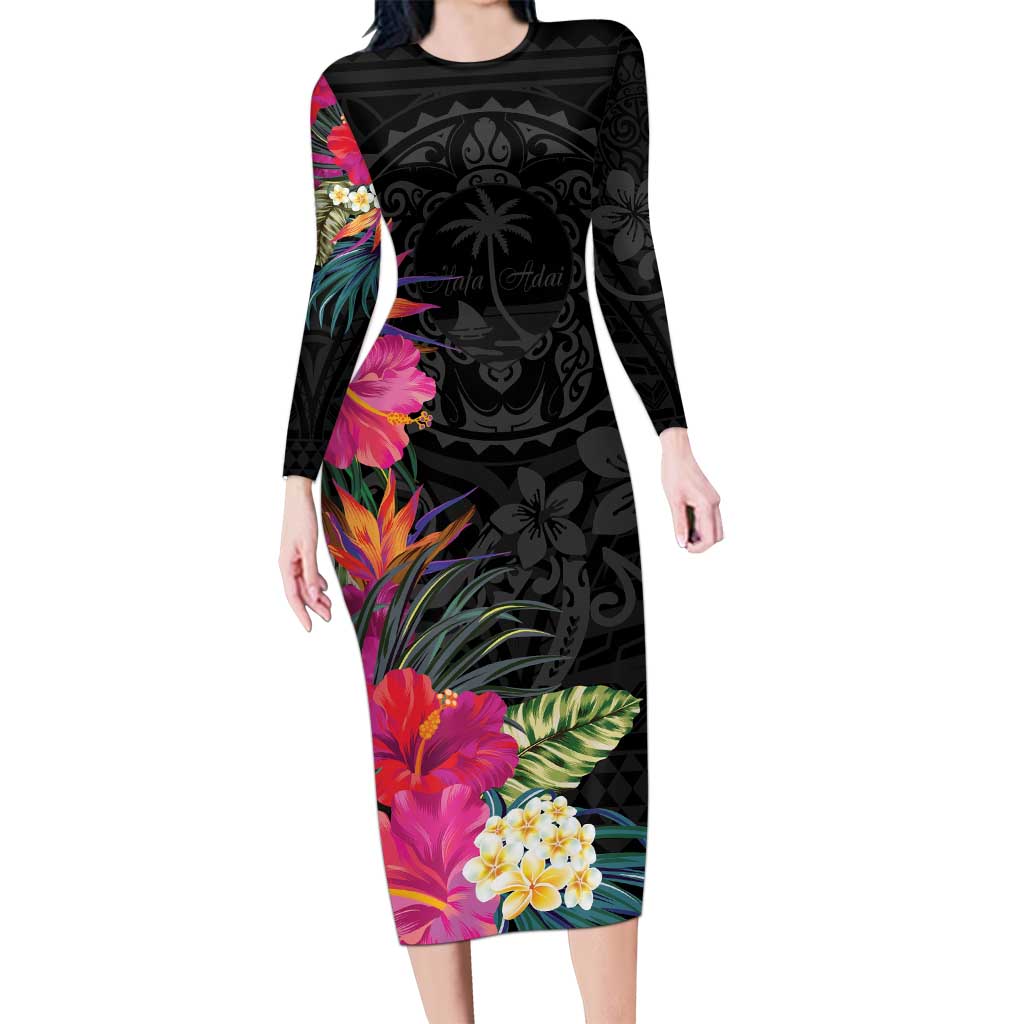 Hafa Adai Guam Long Sleeve Bodycon Dress Tropical Flowers Colorful Vibes LT9 Long Dress Black - Polynesian Pride