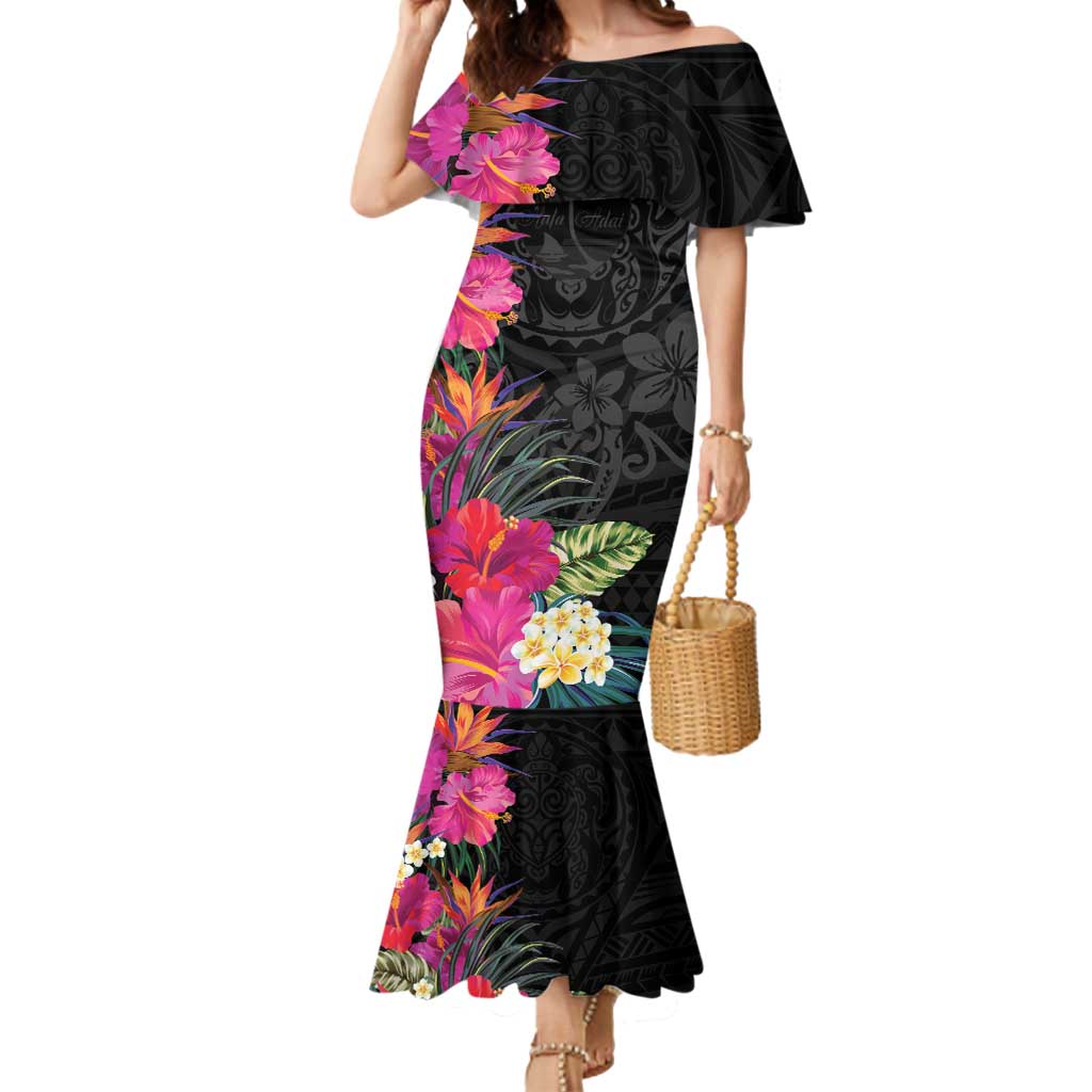 Hafa Adai Guam Mermaid Dress Tropical Flowers Colorful Vibes LT9 Women Black - Polynesian Pride