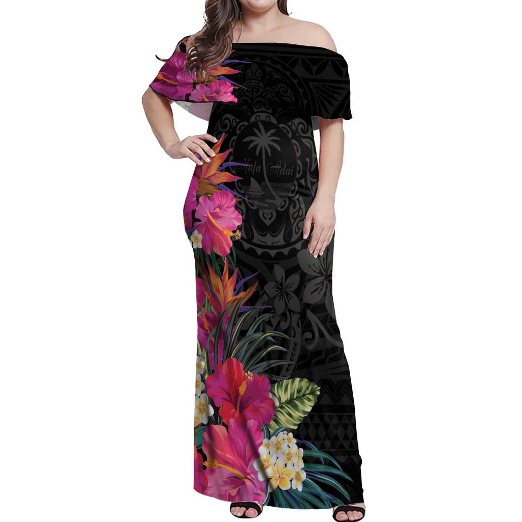 Hafa Adai Guam Off Shoulder Maxi Dress Tropical Flowers Colorful Vibes LT9 Women Black - Polynesian Pride