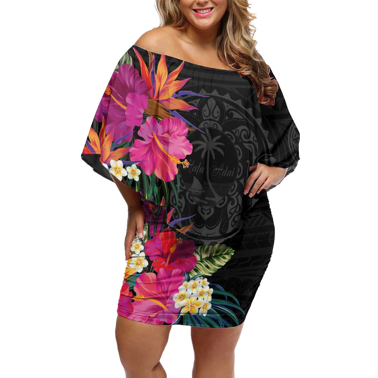 Hafa Adai Guam Off Shoulder Short Dress Tropical Flowers Colorful Vibes LT9 Women Black - Polynesian Pride