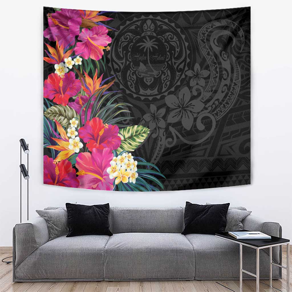 Hafa Adai Guam Tapestry Tropical Flowers Colorful Vibes LT9 Black - Polynesian Pride