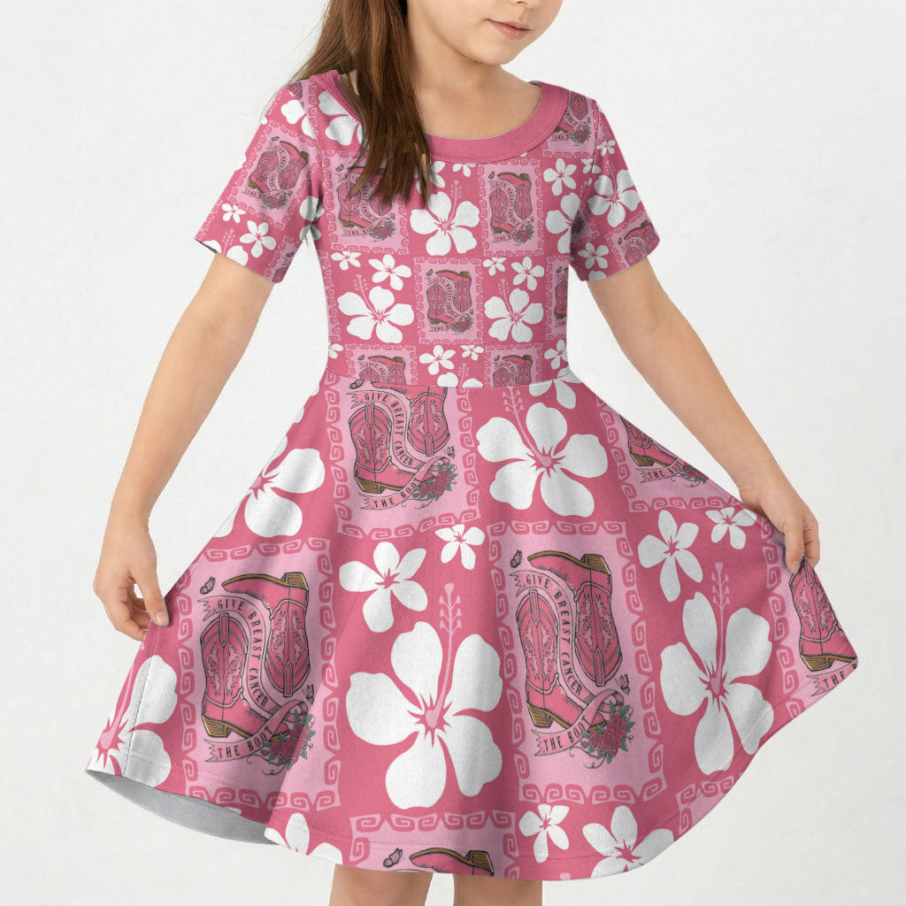 Give Cancer The Boot Pink Cowgirl Kid Short Sleeve Dress Western Aloha Hibiscus Paniolo Heritage Floral LT9 KID Pink - Polynesian Pride