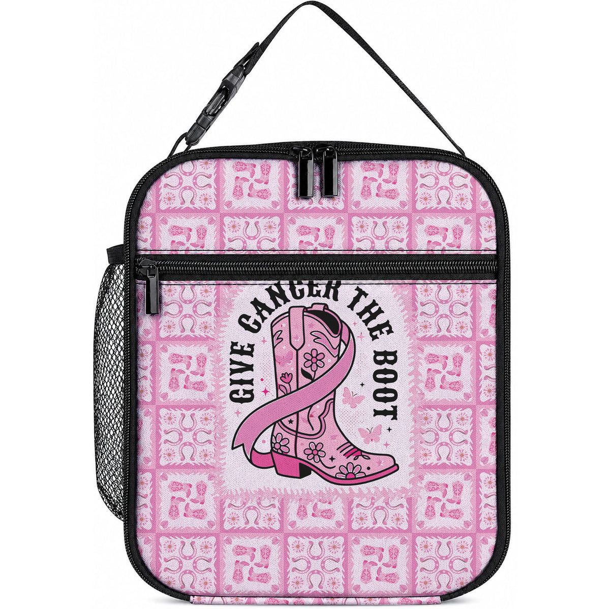 Give Cancer The Boot Pink Cowgirl Lunch Bag Hawaiian Paniolo Mixed Quilt Pattern Style LT9 10.2 × 8.3 × 4.3 inch Pink - Polynesian Pride