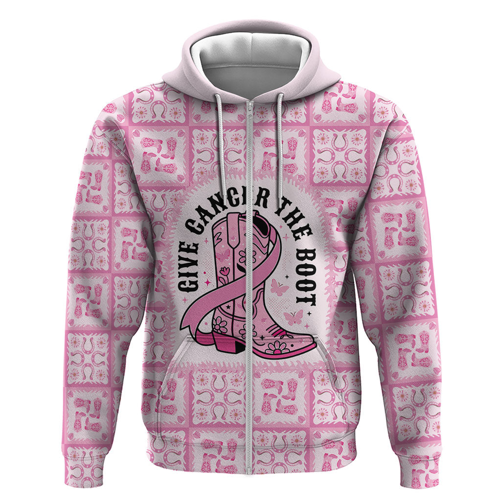 Give Cancer The Boot Pink Cowgirl Zip Hoodie Hawaiian Paniolo Mixed Quilt Pattern Style LT9 Zip Hoodie Pink - Polynesian Pride