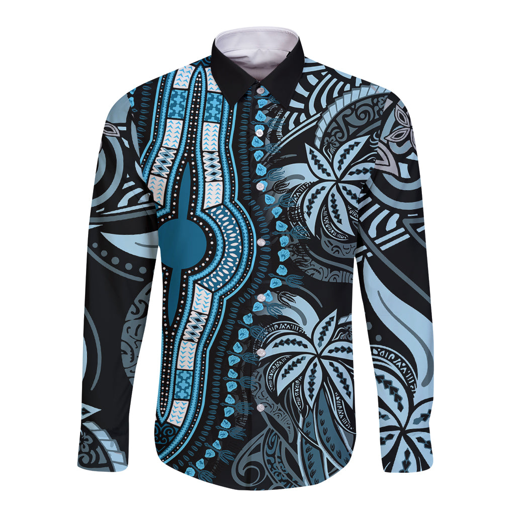 Polynesia Dashiki Long Sleeve Button Shirt Polynesia and Africa Traditional Special Together Blue LT9 Unisex Blue - Polynesian Pride