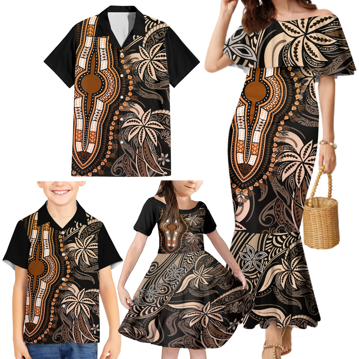 polynesia-dashiki-family-matching-mermaid-dress-and-hawaiian-shirt-polynesia-and-africa-traditional-special-together-gold