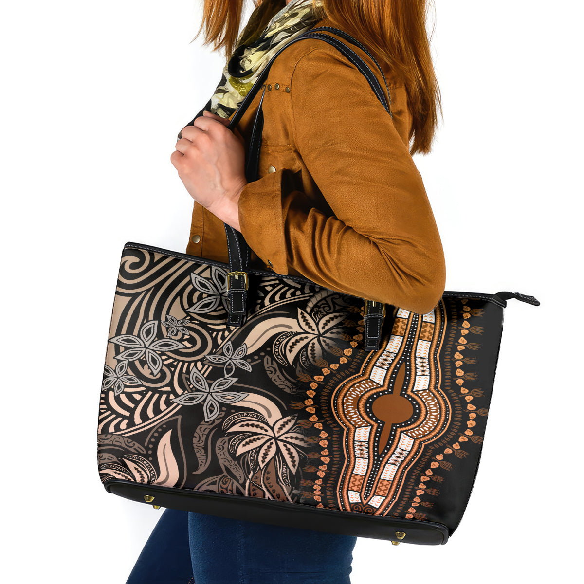 Polynesia Dashiki Leather Tote Bag Polynesia and Africa Traditional Special Together Gold LT9 Gold - Polynesian Pride