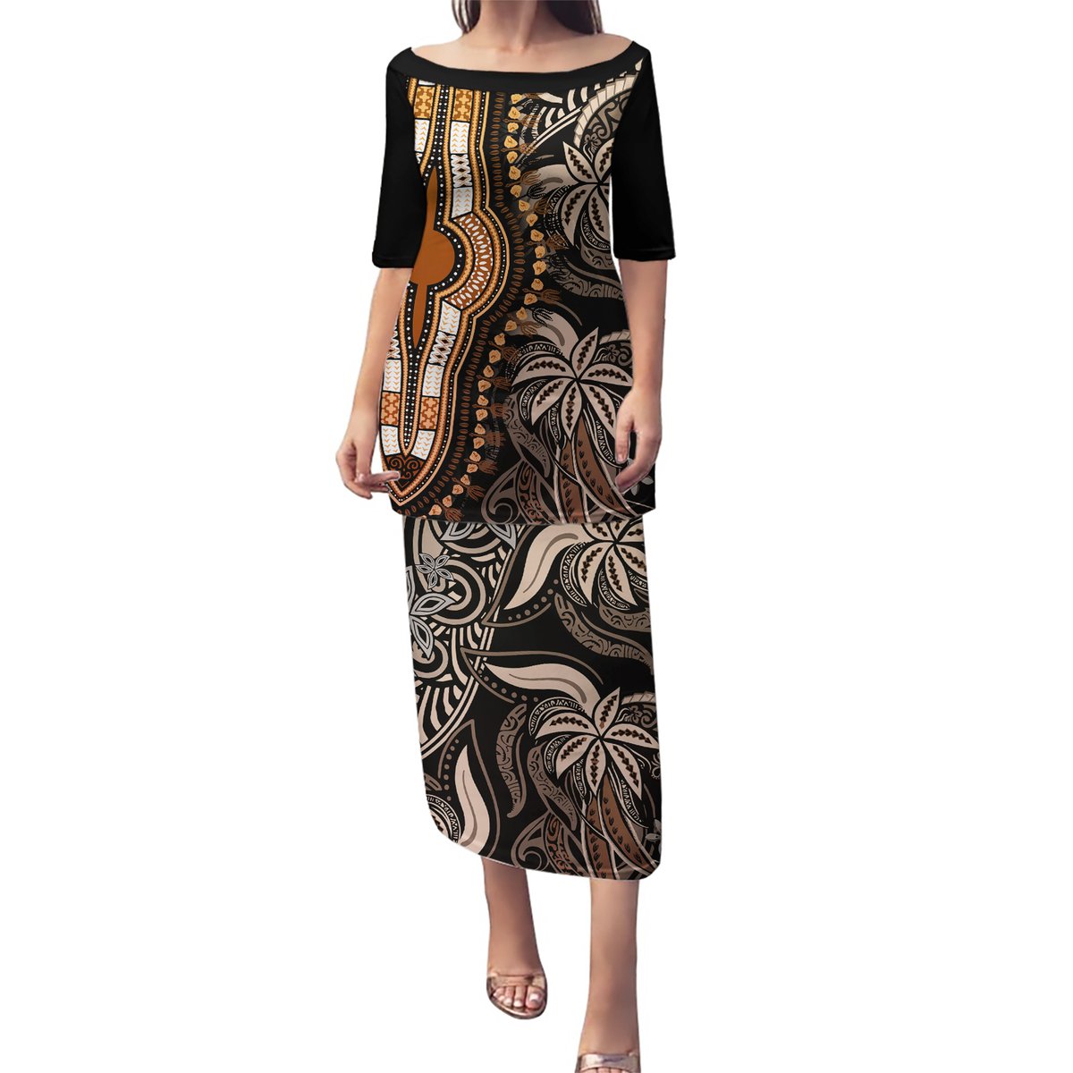 Polynesia Dashiki Puletasi Polynesia and Africa Traditional Special Together Gold LT9 Long Dress Gold - Polynesian Pride