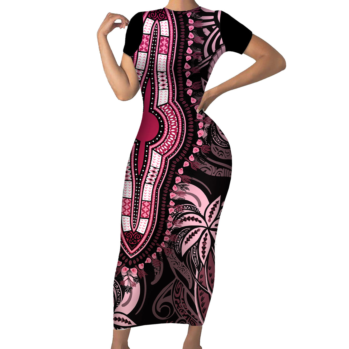 Polynesia Dashiki Short Sleeve Bodycon Dress Polynesia and Africa Traditional Special Together Pink LT9 Long Dress Pink - Polynesian Pride