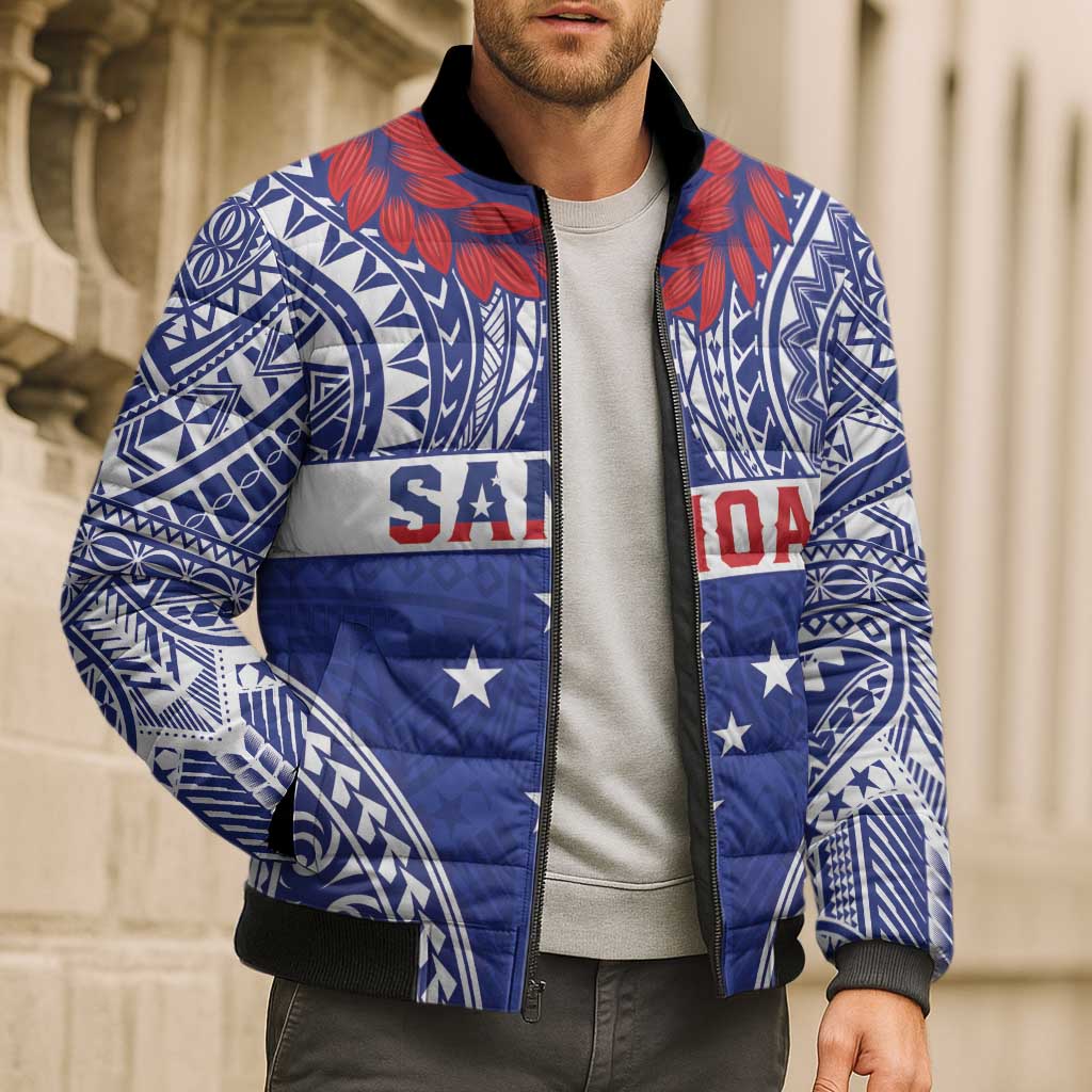 Personalised Toa Samoa Rugby Spirit Bomber Puffer Jacket Blue Samoan Tribal Pattern LT9 - Polynesian Pride