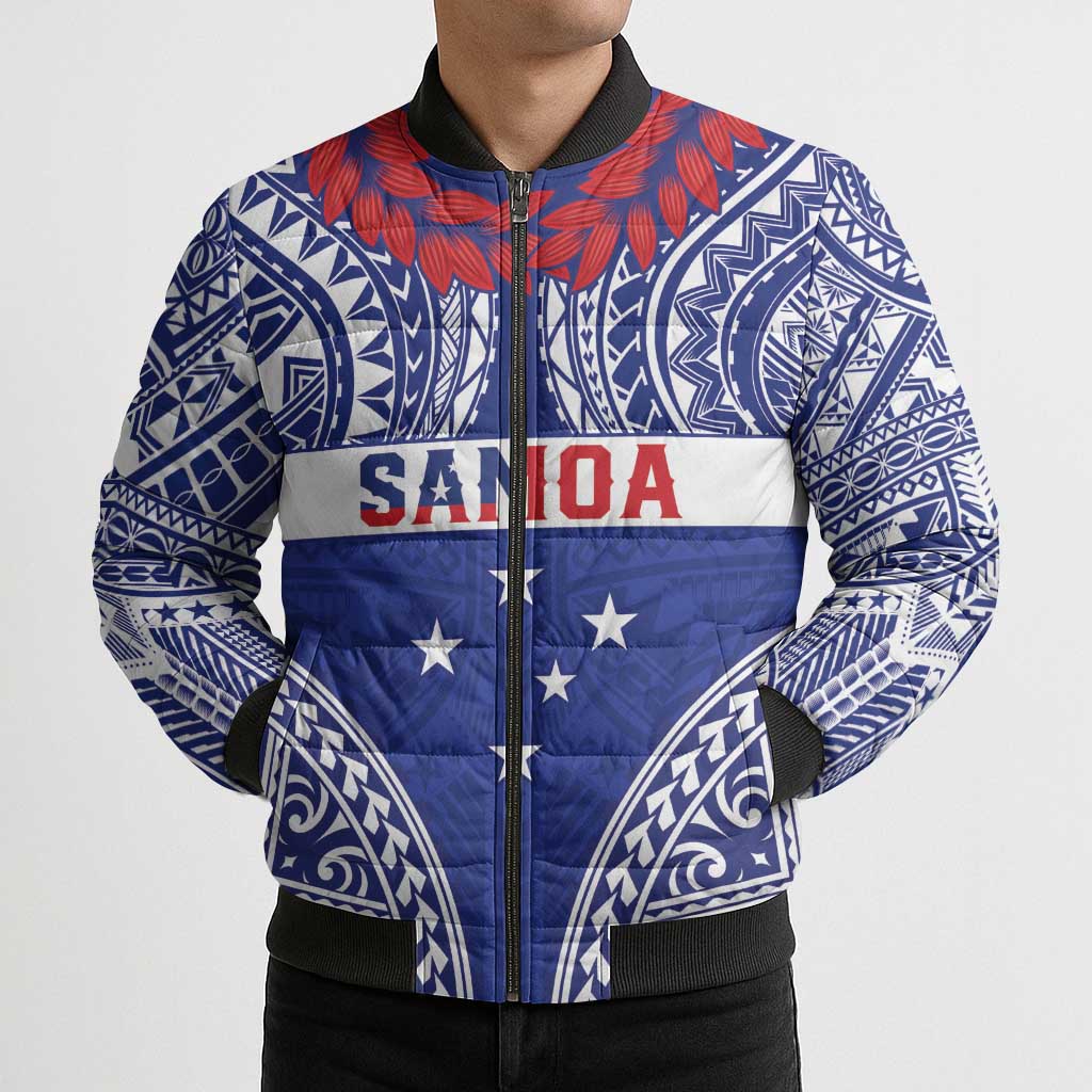 Personalised Toa Samoa Rugby Spirit Bomber Puffer Jacket Blue Samoan Tribal Pattern LT9 - Polynesian Pride