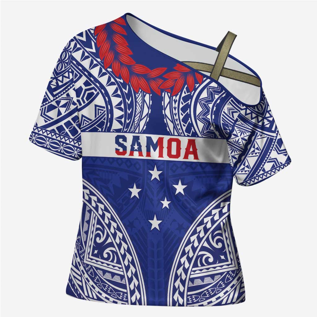 Personalised Toa Samoa Rugby Spirit Cross Shoulder Shirt Blue Samoan Tribal Pattern LT9 Female Blue - Polynesian Pride