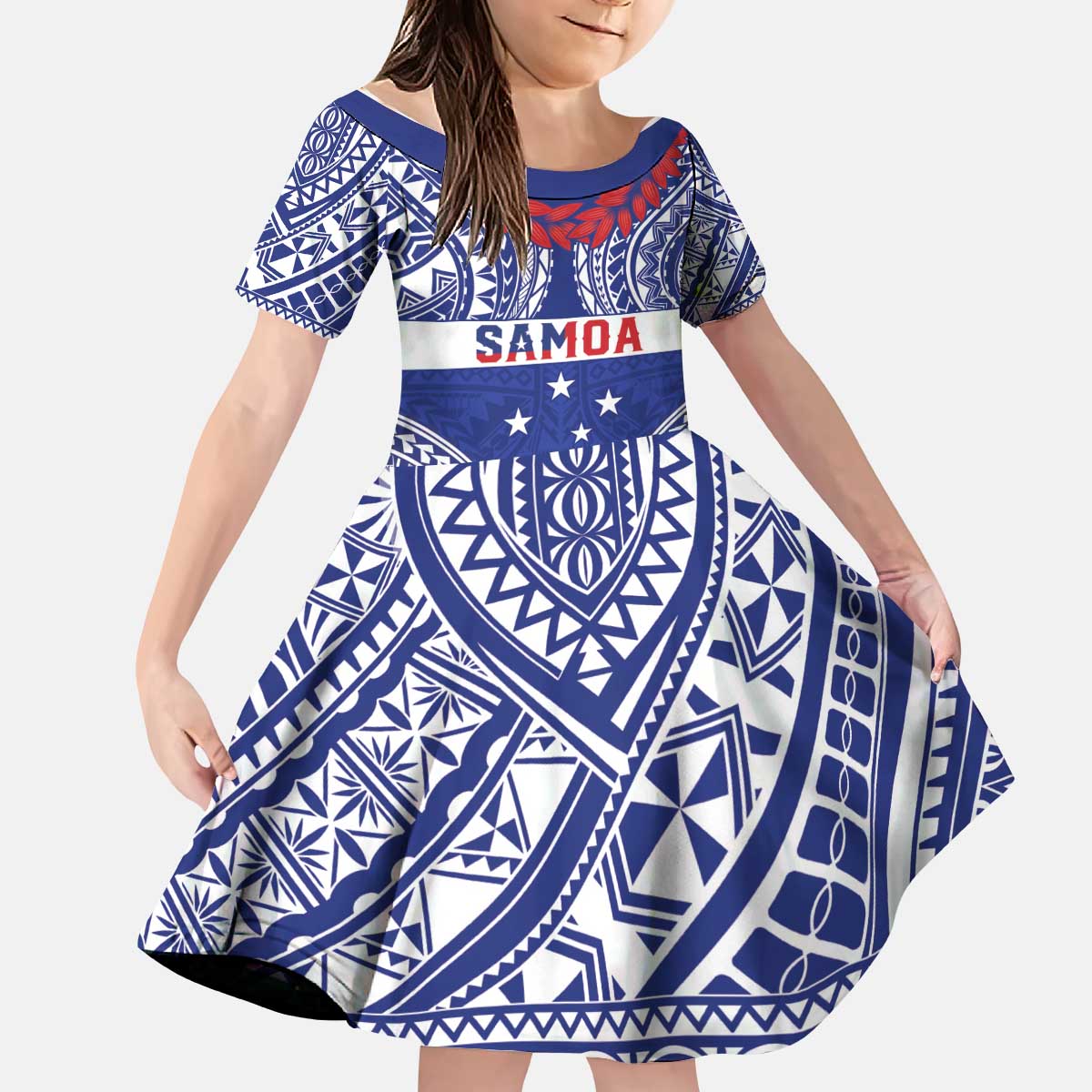 Personalised Toa Samoa Rugby Spirit Kid Short Sleeve Dress Blue Samoan Tribal Pattern LT9 KID Blue - Polynesian Pride