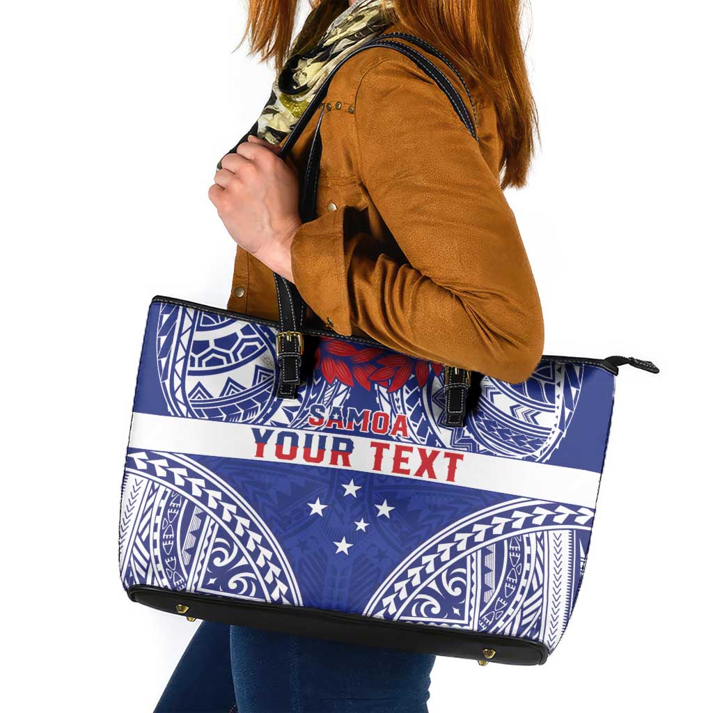 Personalised Toa Samoa Rugby Spirit Leather Tote Bag Blue Samoan Tribal Pattern LT9 Blue - Polynesian Pride