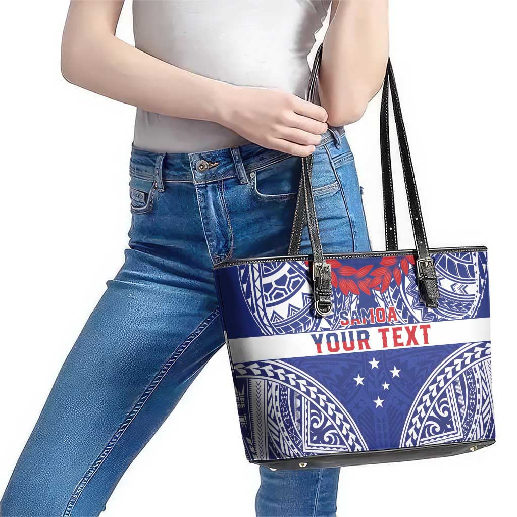 Personalised Toa Samoa Rugby Spirit Leather Tote Bag Blue Samoan Tribal Pattern LT9 - Polynesian Pride
