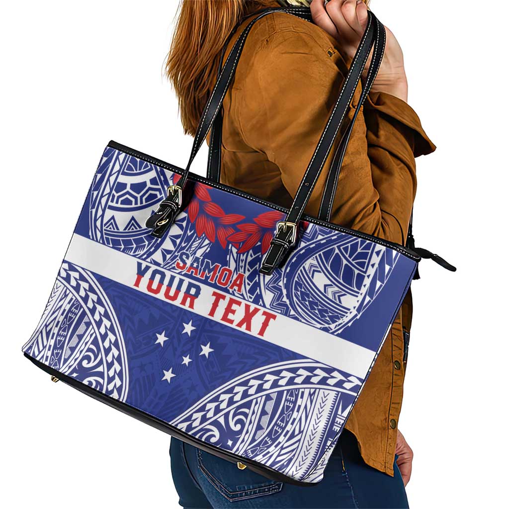 Personalised Toa Samoa Rugby Spirit Leather Tote Bag Blue Samoan Tribal Pattern LT9 - Polynesian Pride