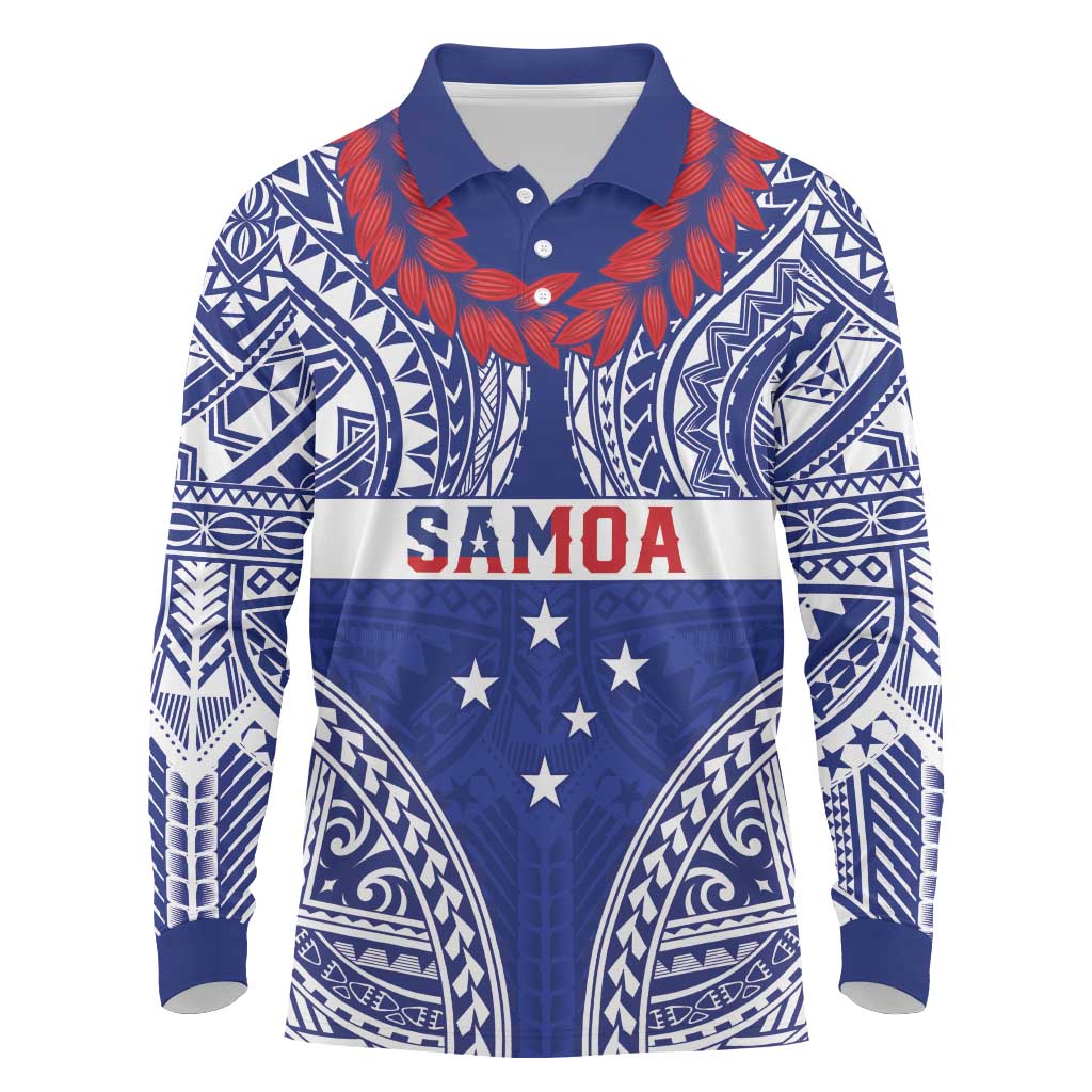 Personalised Toa Samoa Rugby Spirit Long Sleeve Polo Shirt Blue Samoan Tribal Pattern LT9 Blue - Polynesian Pride