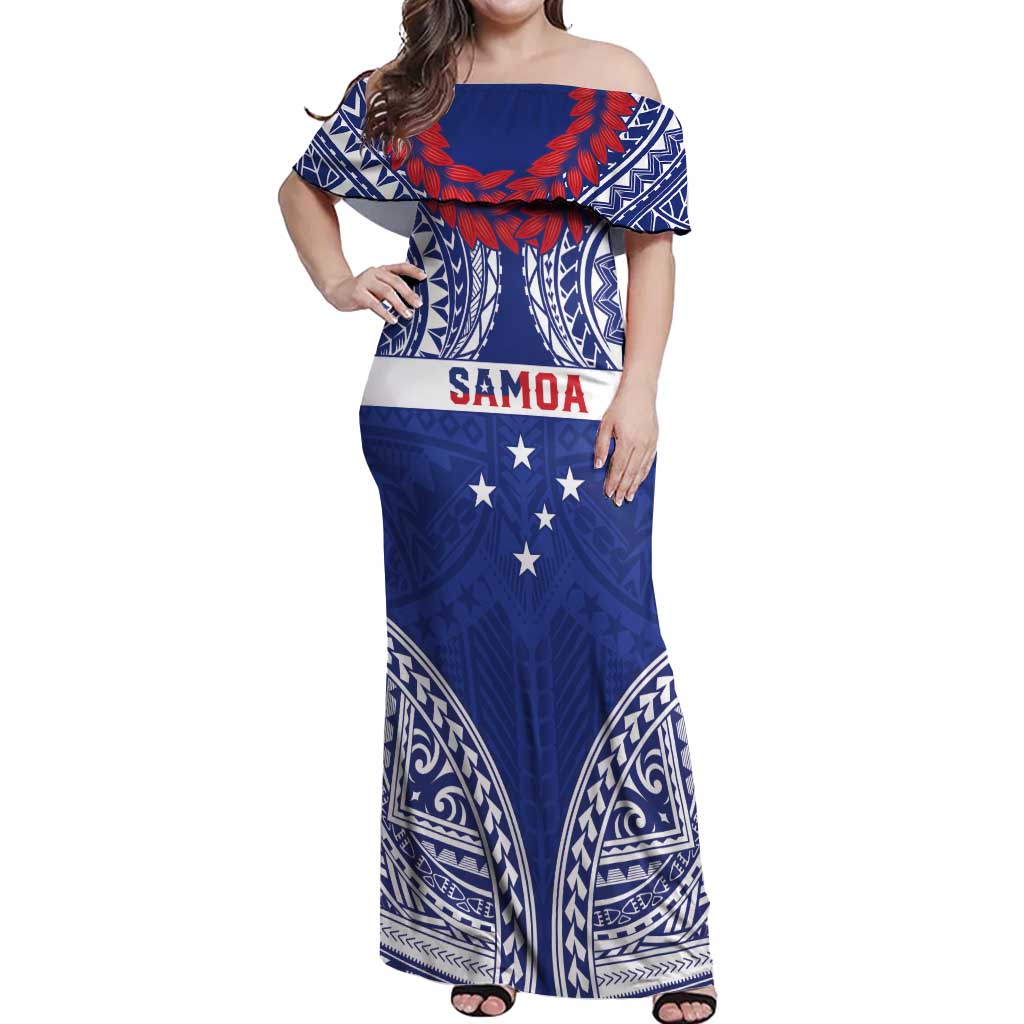 Personalised Toa Samoa Rugby Spirit Off Shoulder Maxi Dress Blue Samoan Tribal Pattern LT9 Women Blue - Polynesian Pride