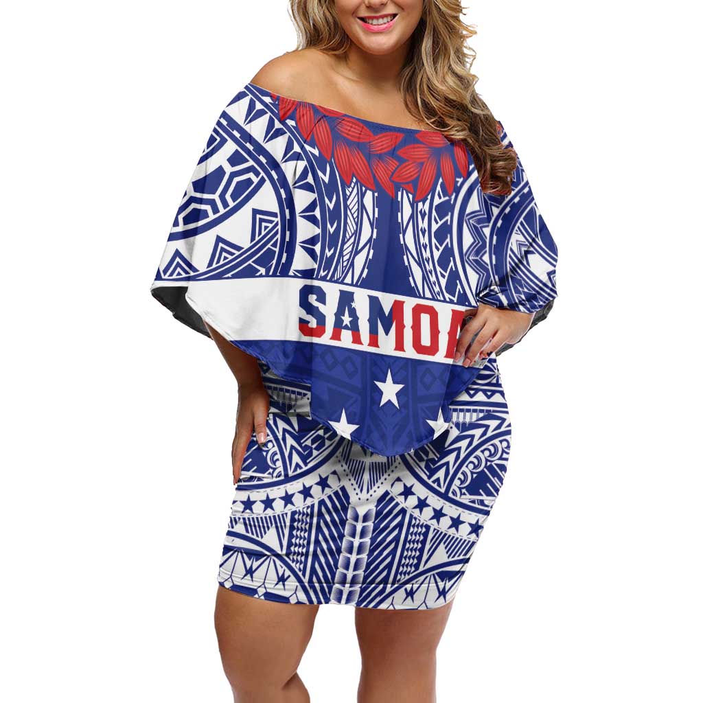 Personalised Toa Samoa Rugby Spirit Off Shoulder Short Dress Blue Samoan Tribal Pattern LT9 Women Blue - Polynesian Pride