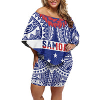 Personalised Toa Samoa Rugby Spirit Off Shoulder Short Dress Blue Samoan Tribal Pattern LT9 Women Blue - Polynesian Pride