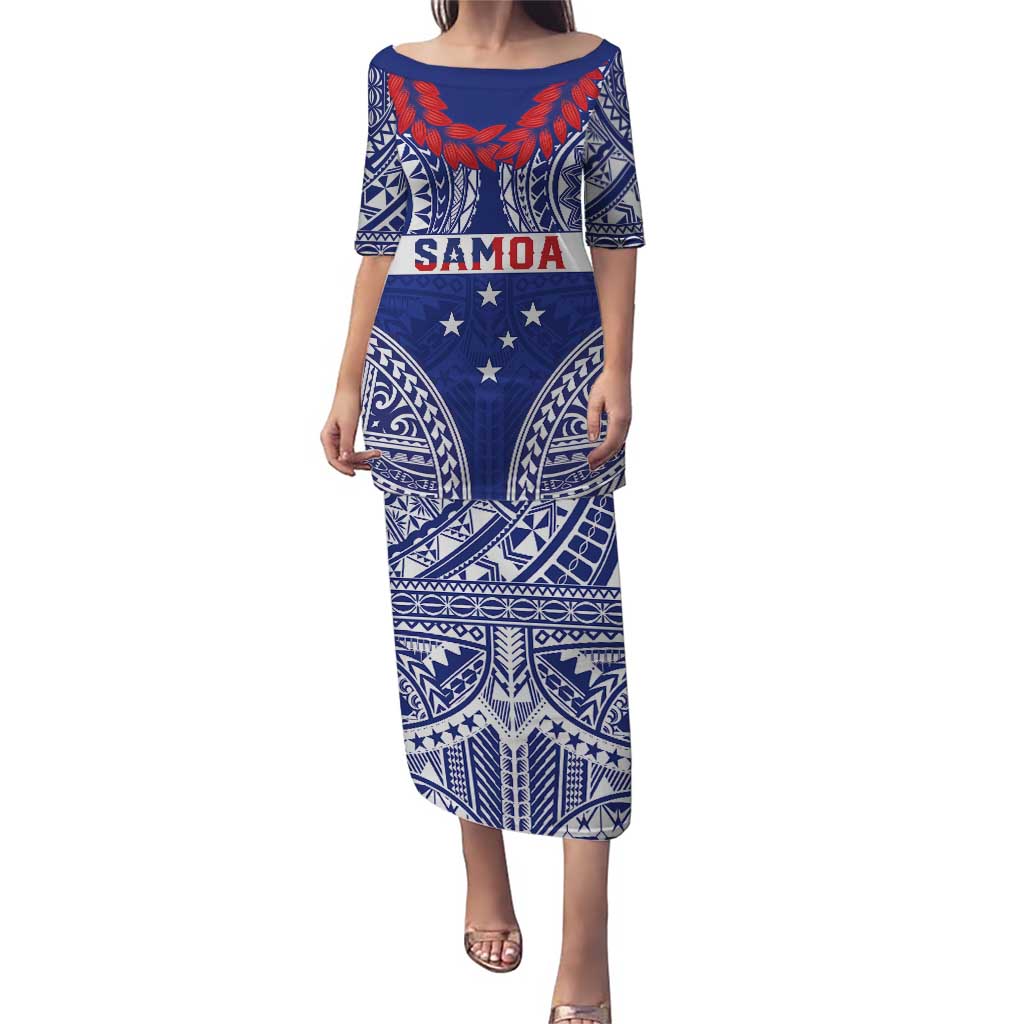 Personalised Toa Samoa Rugby Spirit Puletasi Blue Samoan Tribal Pattern LT9 Long Dress Blue - Polynesian Pride