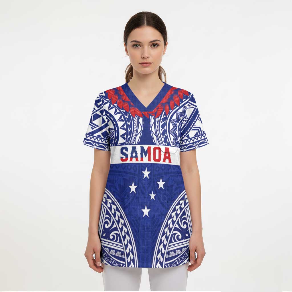 Personalised Toa Samoa Rugby Spirit Scrub Top Blue Samoan Tribal Pattern LT9 - Polynesian Pride