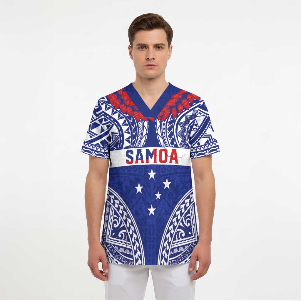 Personalised Toa Samoa Rugby Spirit Scrub Top Blue Samoan Tribal Pattern LT9 - Polynesian Pride