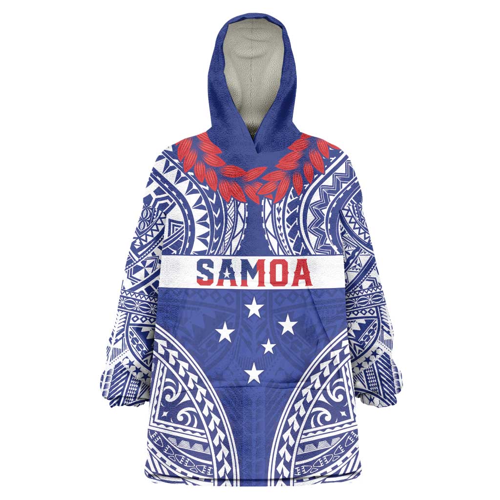 Personalised Toa Samoa Rugby Spirit Wearable Blanket Hoodie Blue Samoan Tribal Pattern LT9 One Size Blue - Polynesian Pride