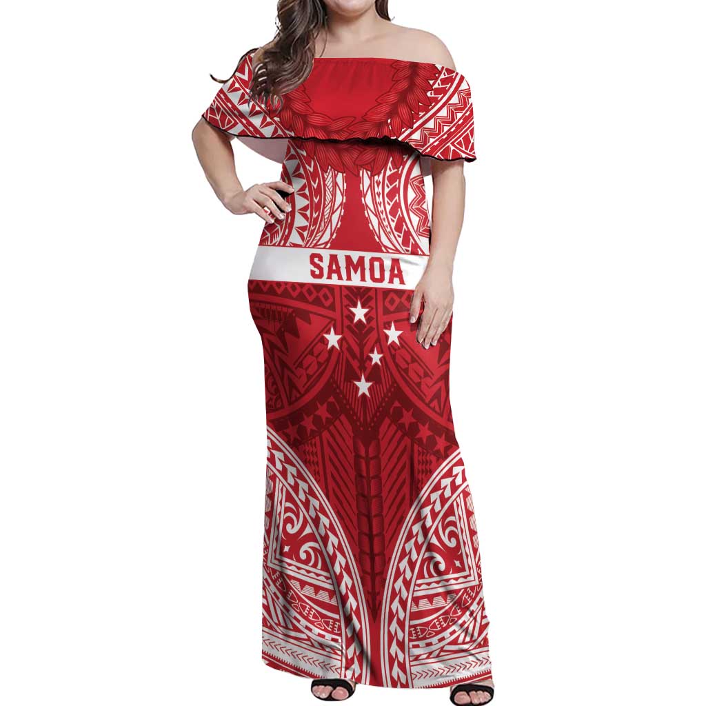 Personalised Toa Samoa Rugby Spirit Off Shoulder Maxi Dress Red Samoan Tribal Pattern LT9 Women Red - Polynesian Pride
