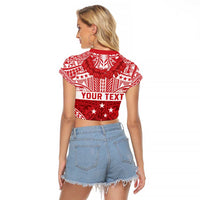 Personalised Toa Samoa Rugby Spirit Raglan Cropped T Shirt Red Samoan Tribal Pattern LT9 - Polynesian Pride