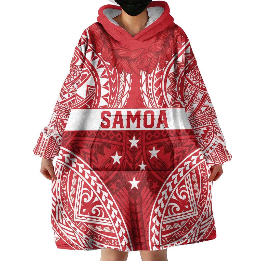 Personalised Toa Samoa Rugby Spirit Wearable Blanket Hoodie Red Samoan Tribal Pattern LT9 - Polynesian Pride